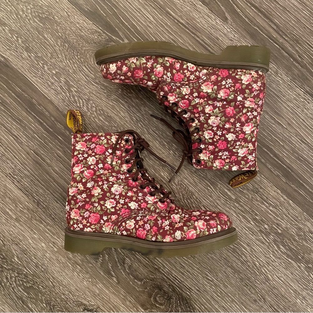 Dr. Martens Floral Print Combat Boots in Brown and Pink